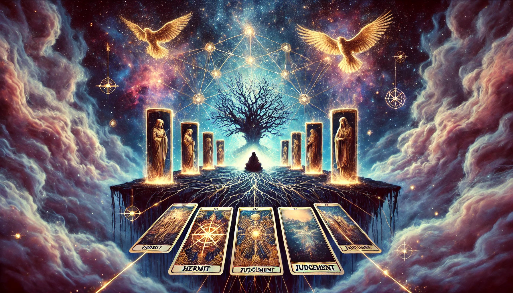 Mystical Tarot Card Reading for Ancestral and Past Life Insights – A tarot deck with ethereal ancestral figures emerging from a misty portal, with The Hermit and Judgment cards, a glowing tree of life, and a cosmic background of golden energy threads.